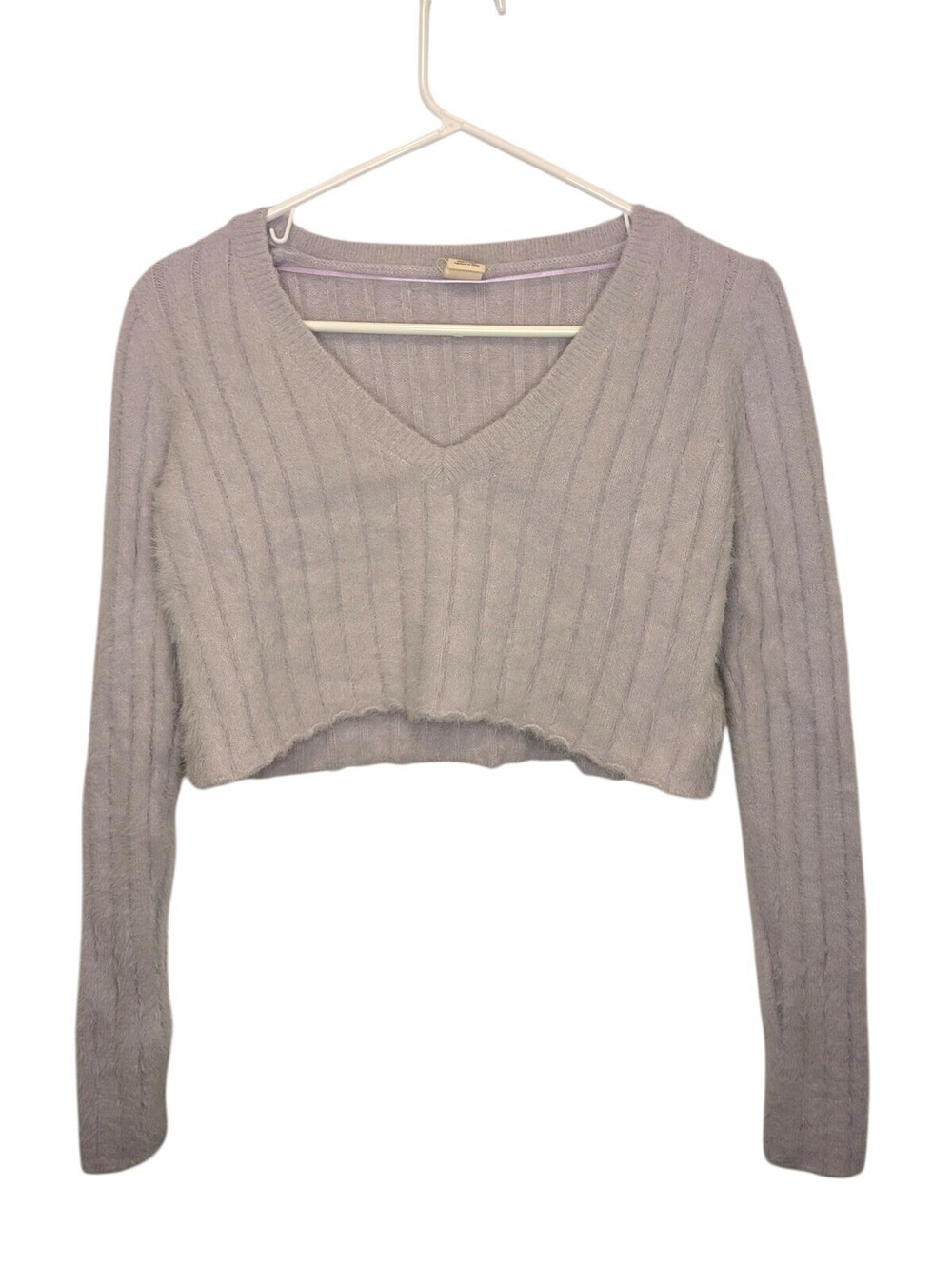 Urban Outfitters Fuzzy Cropped Ribbed V Neck Sweater Lilac Women's S